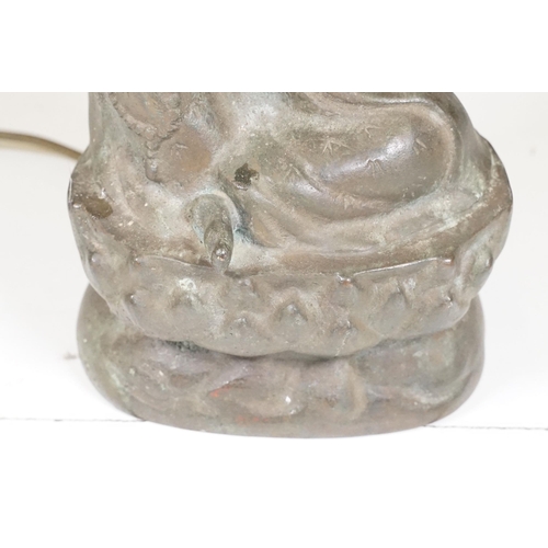 145 - Bronze Chinese seated buddha figure lamp base, possibly of Guanyin