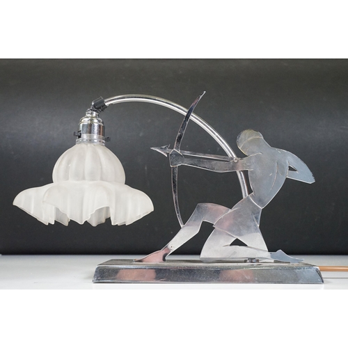 154 - Art Deco chrome lamp depicting a figure firing a bow and arrow with frosted glass shade
