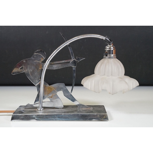 154 - Art Deco chrome lamp depicting a figure firing a bow and arrow with frosted glass shade