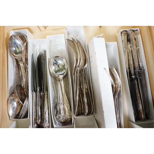 443 - Collection of mixed Sheffield Plate EPNS flatware to include forks, spoons and knives, etc and a qua... 