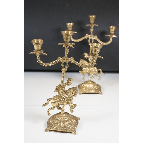 419 - Brass reproduction mantle clock together with matching candelabras