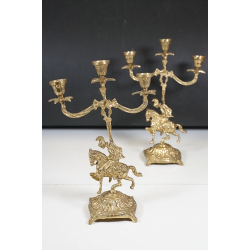 419 - Brass reproduction mantle clock together with matching candelabras