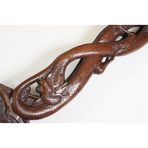 420 - Hand carved wooden Oriental fire bellows with dragon decoration