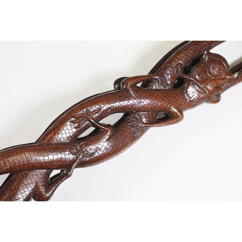 420 - Hand carved wooden Oriental fire bellows with dragon decoration