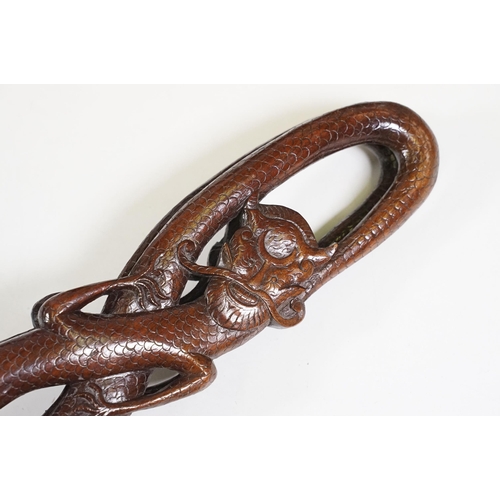 420 - Hand carved wooden Oriental fire bellows with dragon decoration