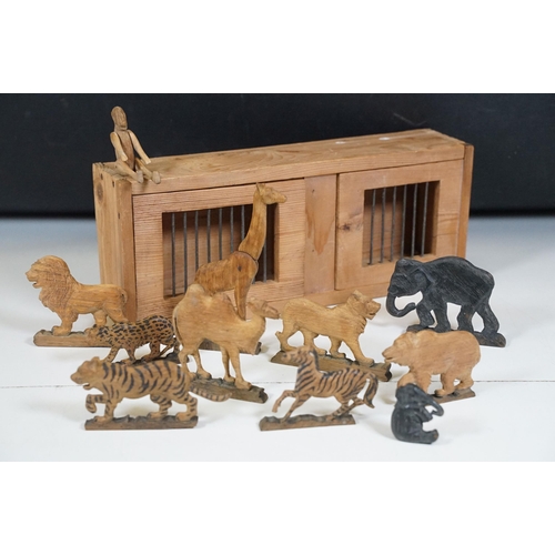 425 - Scratch built animal cage with carved articulated zoo animals including zebra, giraffe, tiger, etc