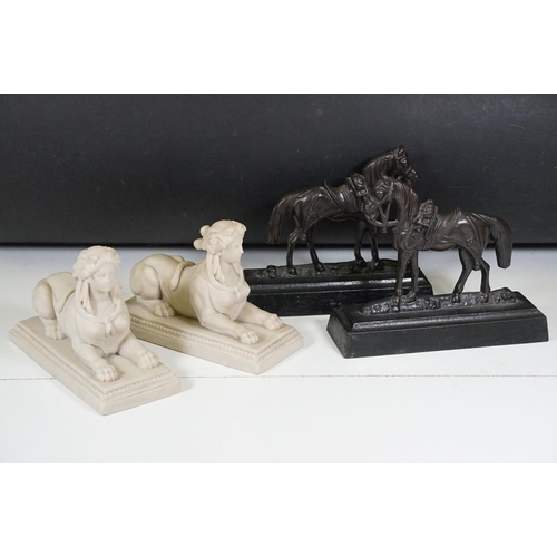 428 - Two pairs of chimney ornaments to include pair of cast iron horse examples and pair of parian ware s... 