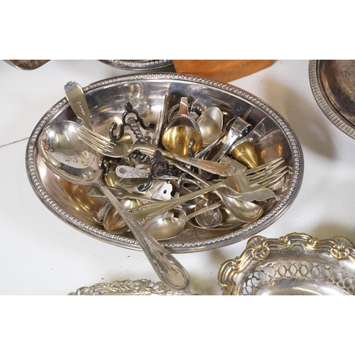 430 - Collection of mixed silver plated items to include flatware, serving tray, tazza, crumb tray, etc