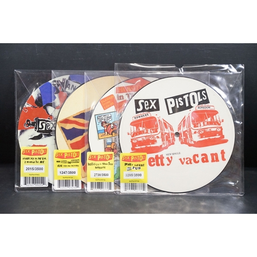 632 - Vinyl - Punk - Sex Pistols, 4 official UK 2012 limited edition numbered re-issue picture disc 7” sin... 