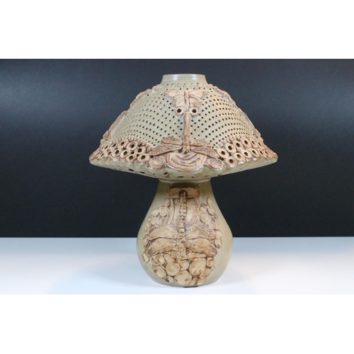 28 - Bernard Rooke studio pottery stoneware mushroom shaped table lamp with butterfly and dragonfly decor... 
