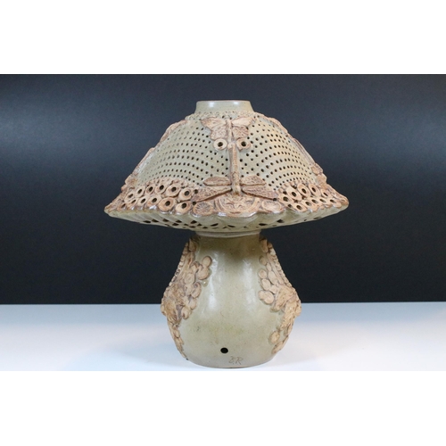 28 - Bernard Rooke studio pottery stoneware mushroom shaped table lamp with butterfly and dragonfly decor... 
