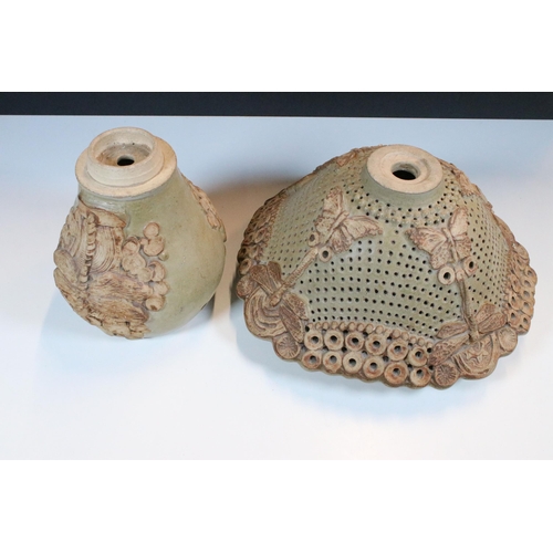 28 - Bernard Rooke studio pottery stoneware mushroom shaped table lamp with butterfly and dragonfly decor... 