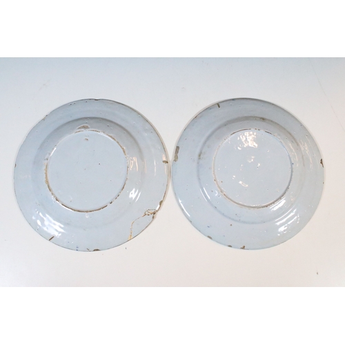 13 - Pair of 18th century delft blue and white plates with floral decoration, diameter approx. 23.5cm