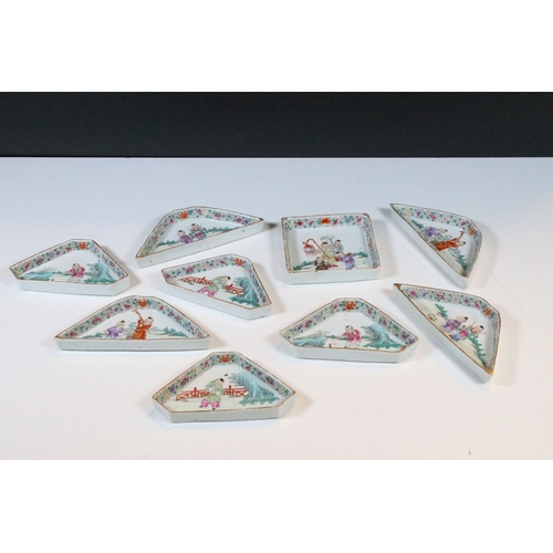 17 - Late Qing dynasty Chinese Famille Rose nine piece hand painted supper set dishes depicting playful s... 