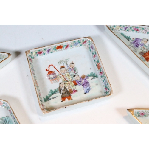 17 - Late Qing dynasty Chinese Famille Rose nine piece hand painted supper set dishes depicting playful s... 