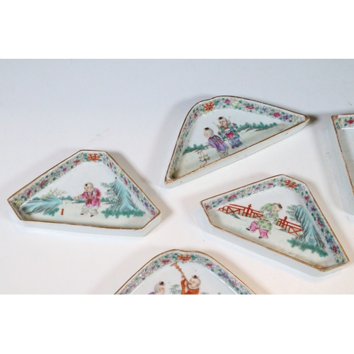 17 - Late Qing dynasty Chinese Famille Rose nine piece hand painted supper set dishes depicting playful s... 
