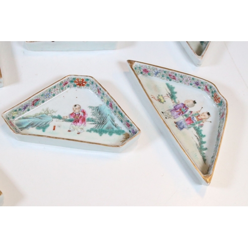 17 - Late Qing dynasty Chinese Famille Rose nine piece hand painted supper set dishes depicting playful s... 