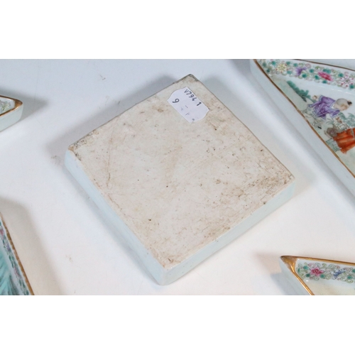 17 - Late Qing dynasty Chinese Famille Rose nine piece hand painted supper set dishes depicting playful s... 
