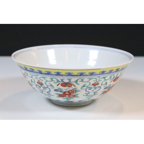 18 - 19th century Chinese Doucai floral bowl with blue and white edge detail, Daoguang character mark to ... 