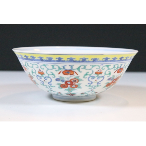 18 - 19th century Chinese Doucai floral bowl with blue and white edge detail, Daoguang character mark to ... 
