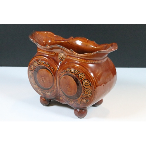 2 - Fremington Pottery 'Owl' brown glaze jardiniere, Fishley Pottery, Alex Jeffries, H 16cm, W 20cm