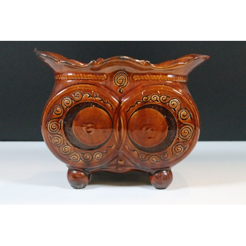 2 - Fremington Pottery 'Owl' brown glaze jardiniere, Fishley Pottery, Alex Jeffries, H 16cm, W 20cm