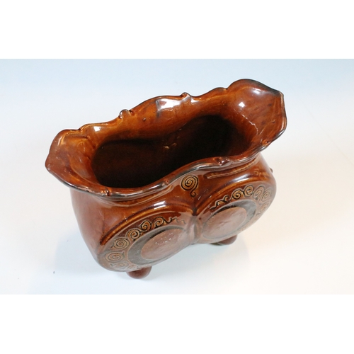 2 - Fremington Pottery 'Owl' brown glaze jardiniere, Fishley Pottery, Alex Jeffries, H 16cm, W 20cm