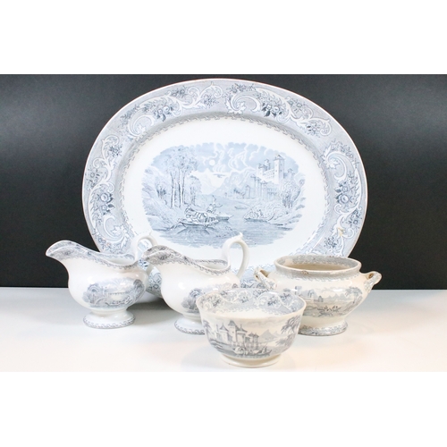 28 - Early 20th century transferware grey and white oval meat platter charger 45cm, together with two sau... 