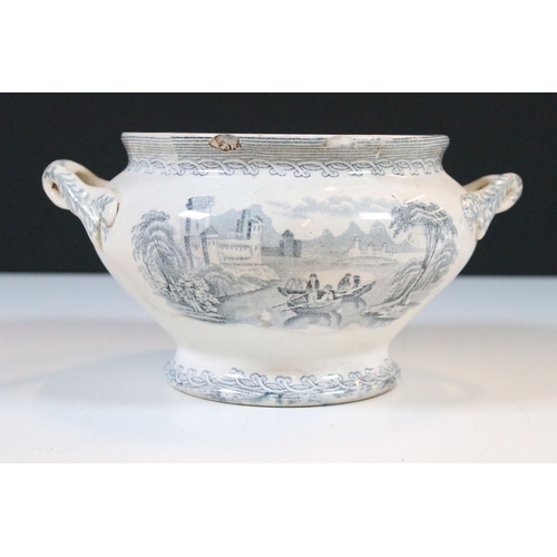 28 - Early 20th century transferware grey and white oval meat platter charger 45cm, together with two sau... 