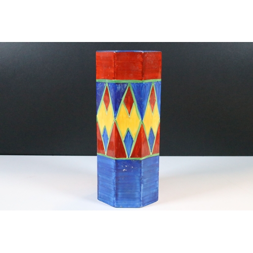 3 - Clarice Cliff Bizarre hand painted octagonal vase with geometric diamond decoration, marked to botto... 
