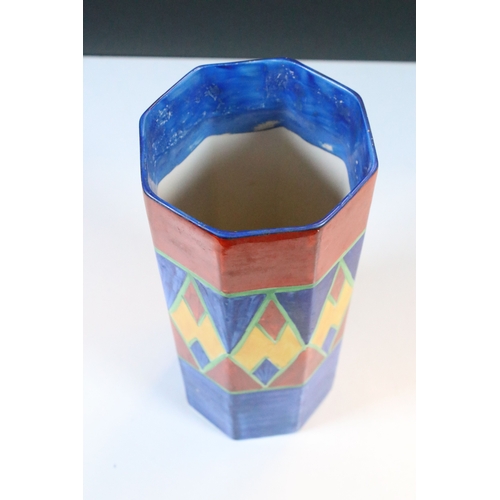3 - Clarice Cliff Bizarre hand painted octagonal vase with geometric diamond decoration, marked to botto... 
