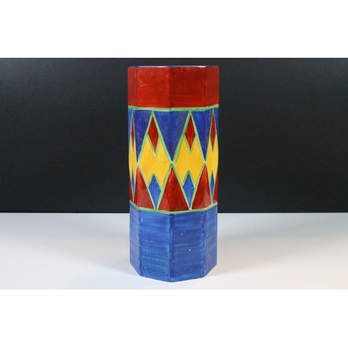 3 - Clarice Cliff Bizarre hand painted octagonal vase with geometric diamond decoration, marked to botto... 