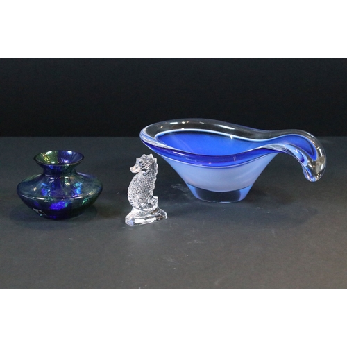 31 - Waterford crystal seahorse together with a small Czech Republic blue and green glass vase and a Paul... 