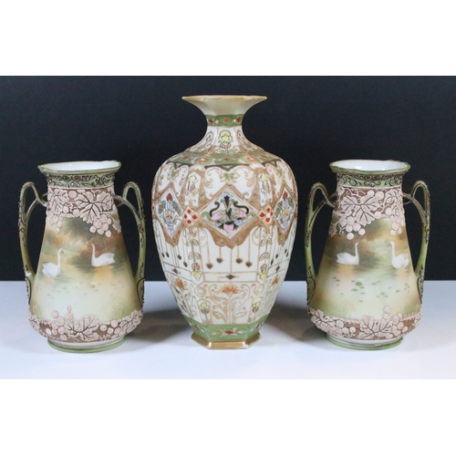 33 - Japanese Noritake items to include an ornate vase together with a pair of two handled vases with han... 