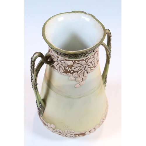33 - Japanese Noritake items to include an ornate vase together with a pair of two handled vases with han... 