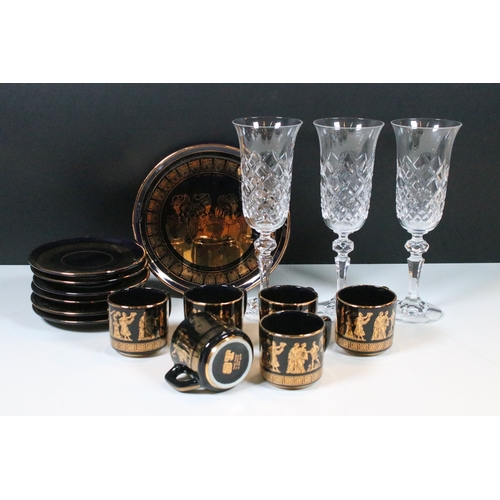 43 - Handmade set of six black and 24K gold coffee cups, saucers and plate with traditional Greek design ... 