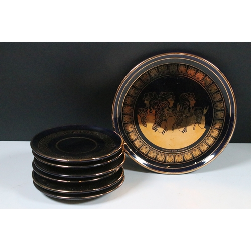 43 - Handmade set of six black and 24K gold coffee cups, saucers and plate with traditional Greek design ... 