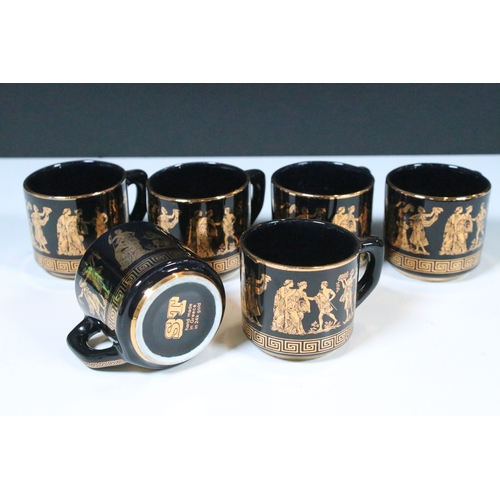 43 - Handmade set of six black and 24K gold coffee cups, saucers and plate with traditional Greek design ... 
