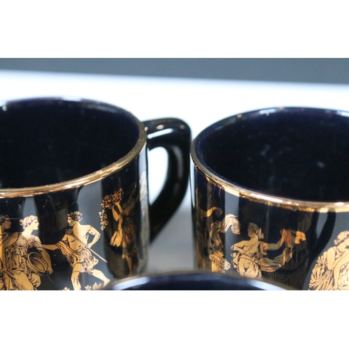 43 - Handmade set of six black and 24K gold coffee cups, saucers and plate with traditional Greek design ... 