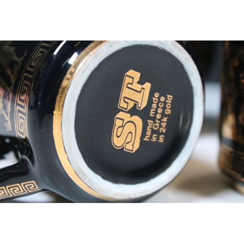 43 - Handmade set of six black and 24K gold coffee cups, saucers and plate with traditional Greek design ... 