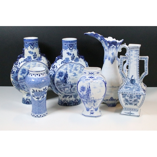 44 - 20th century group of assorted form blue and white pattern Delft jars with Dutch coastal scene decor... 