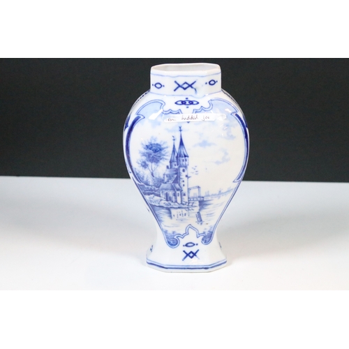 44 - 20th century group of assorted form blue and white pattern Delft jars with Dutch coastal scene decor... 