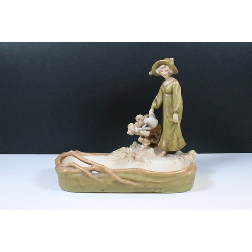 50 - Royal Dux Bohemia Art Deco decorative figurine dish in bisque and gold lustre finish, pink triangle ... 