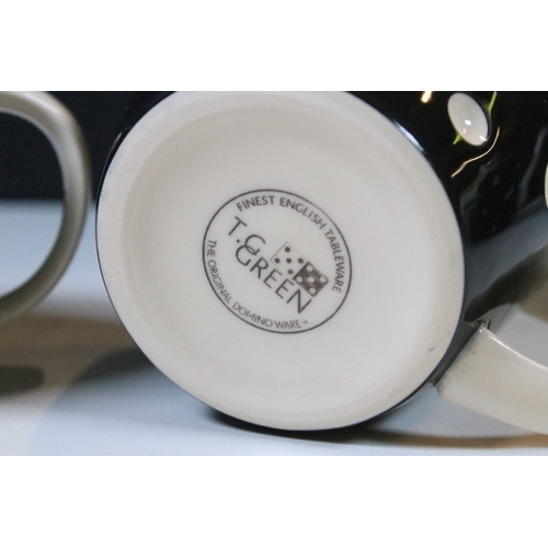 6 - A T.G. Green black and white polka dot domino tea set comprising of teapot, two cups, two saucers, t... 