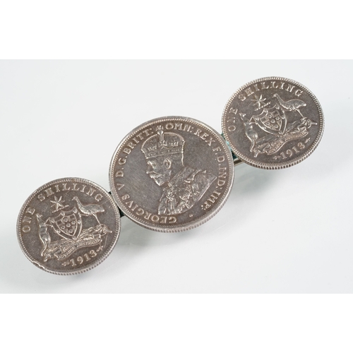 56 - Set of Arts and Crafts dress studs being set with ceramic blue cabochons (gold plated unmarked) toge... 