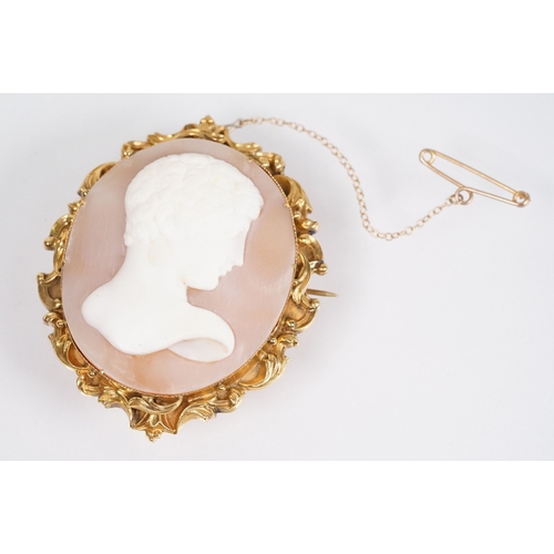 158 - 19th Century Victorian carved conch shell cameo featuring a male right facing portrait set within a ... 