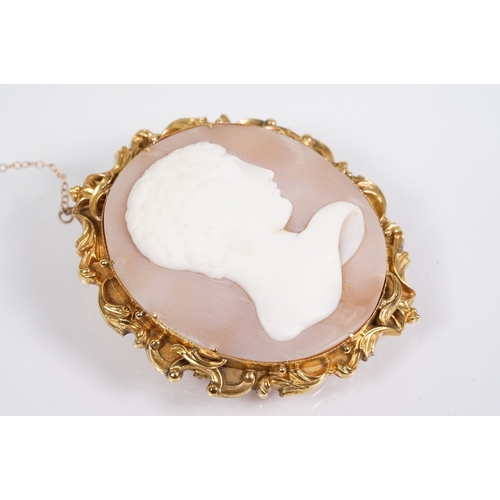 158 - 19th Century Victorian carved conch shell cameo featuring a male right facing portrait set within a ... 