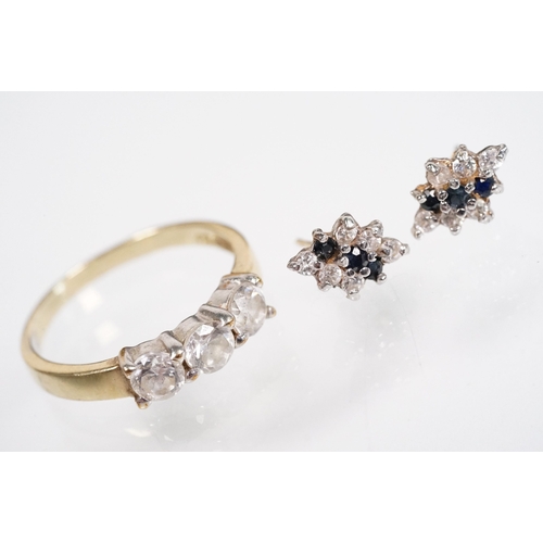 169 - 9ct gold and cz three stone ring (marked 9k, size L.5), together with a pair of sapphire and white s... 