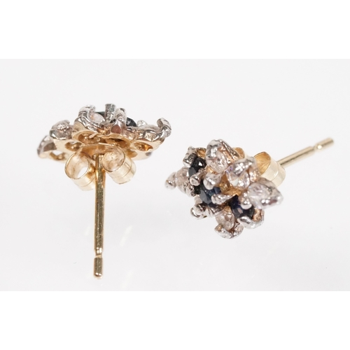 169 - 9ct gold and cz three stone ring (marked 9k, size L.5), together with a pair of sapphire and white s... 