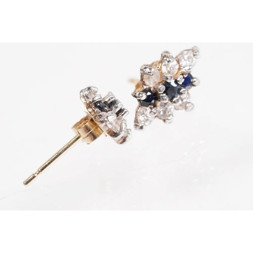 169 - 9ct gold and cz three stone ring (marked 9k, size L.5), together with a pair of sapphire and white s... 